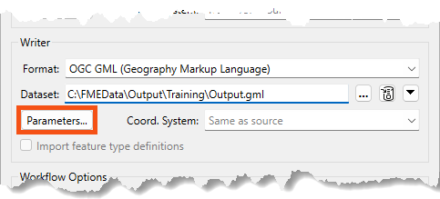 The writer Parameters button on the Generate Workspace dialog